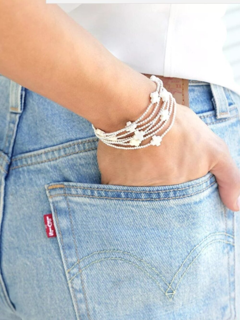 Enewton White Cross & Platinum Bead Bracelet Set
